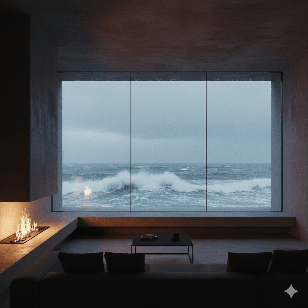 Moody interior overlooking the sea