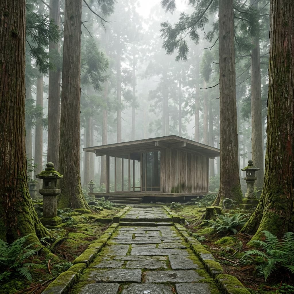 Approach through the misty cedar forest