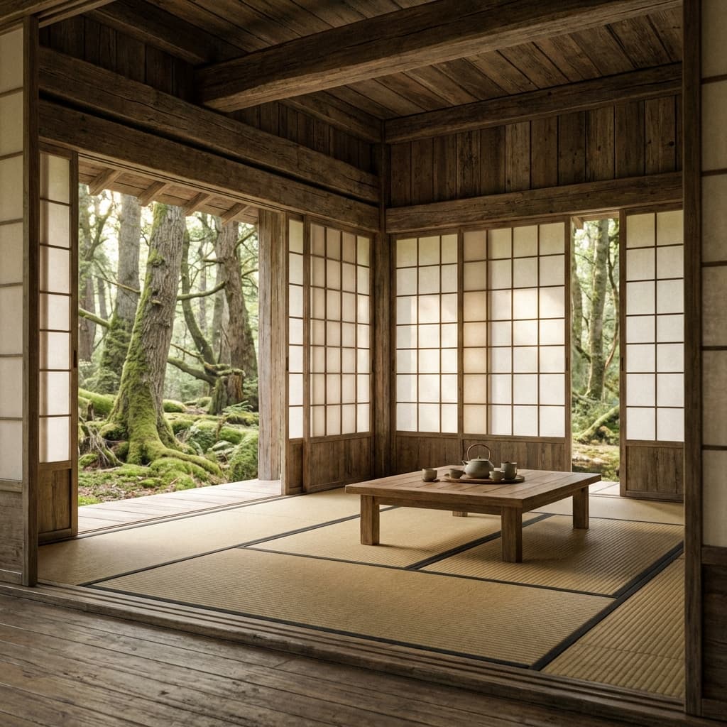 Minimalist tea room interior with forest view