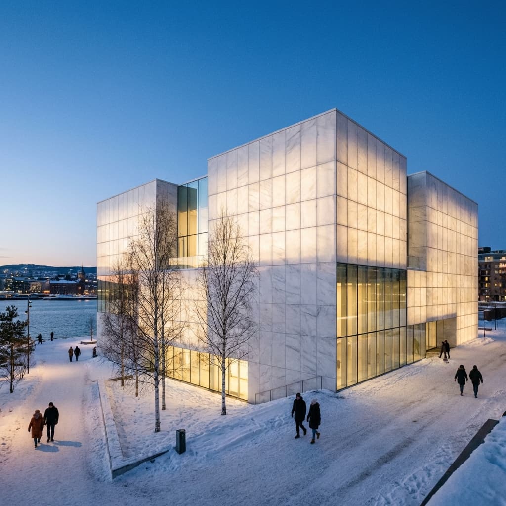 Translucent marble facade at dusk